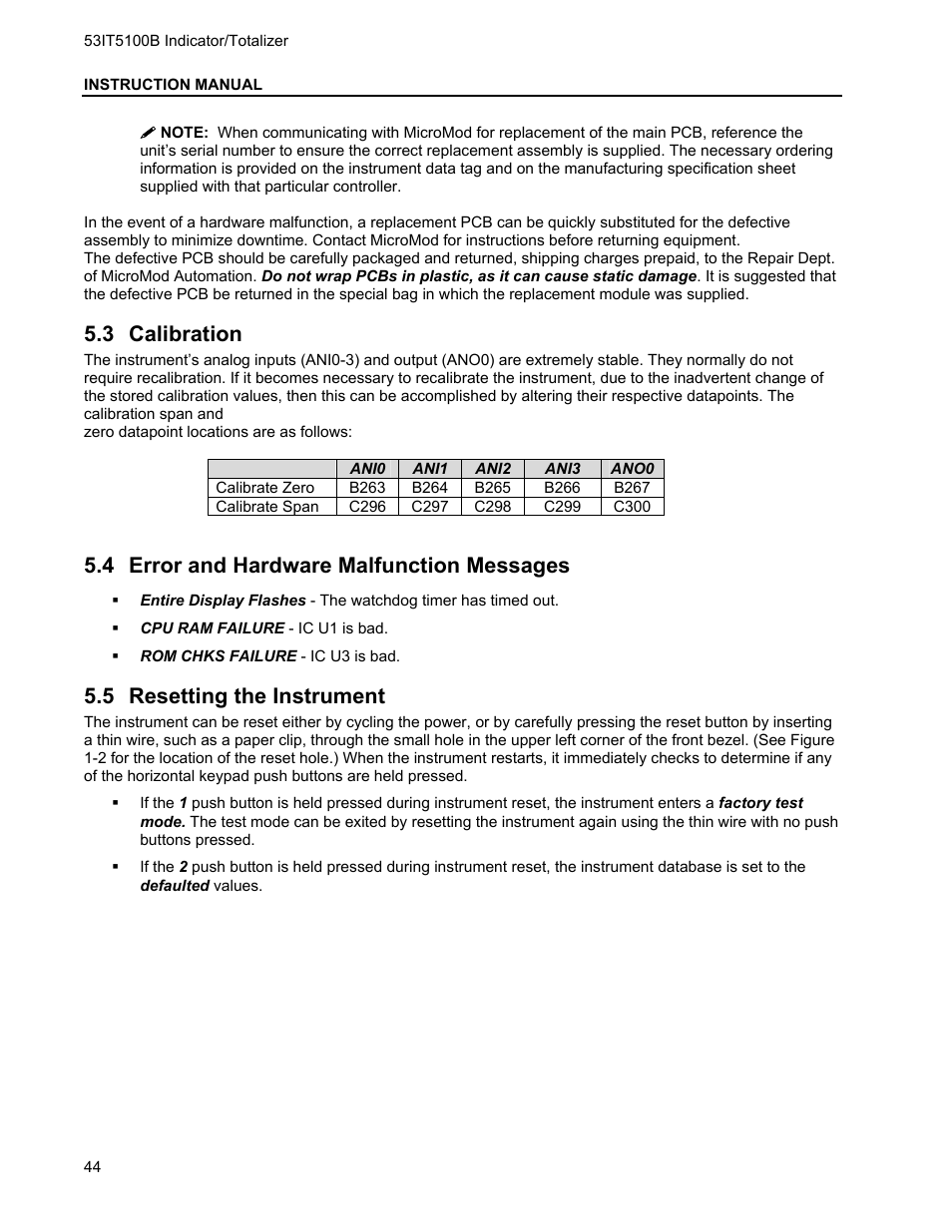 3 calibration, 4 error and hardware malfunction messages, 5 resetting the instrument | Alibration, Rror and, Ardware, Alfunction, Essages, Esetting the, Nstrument | Micromod Micro-DCI: 53IT5100B Micro-DCI 4-Channel Indicator Totalizer User Manual | Page 48 / 71