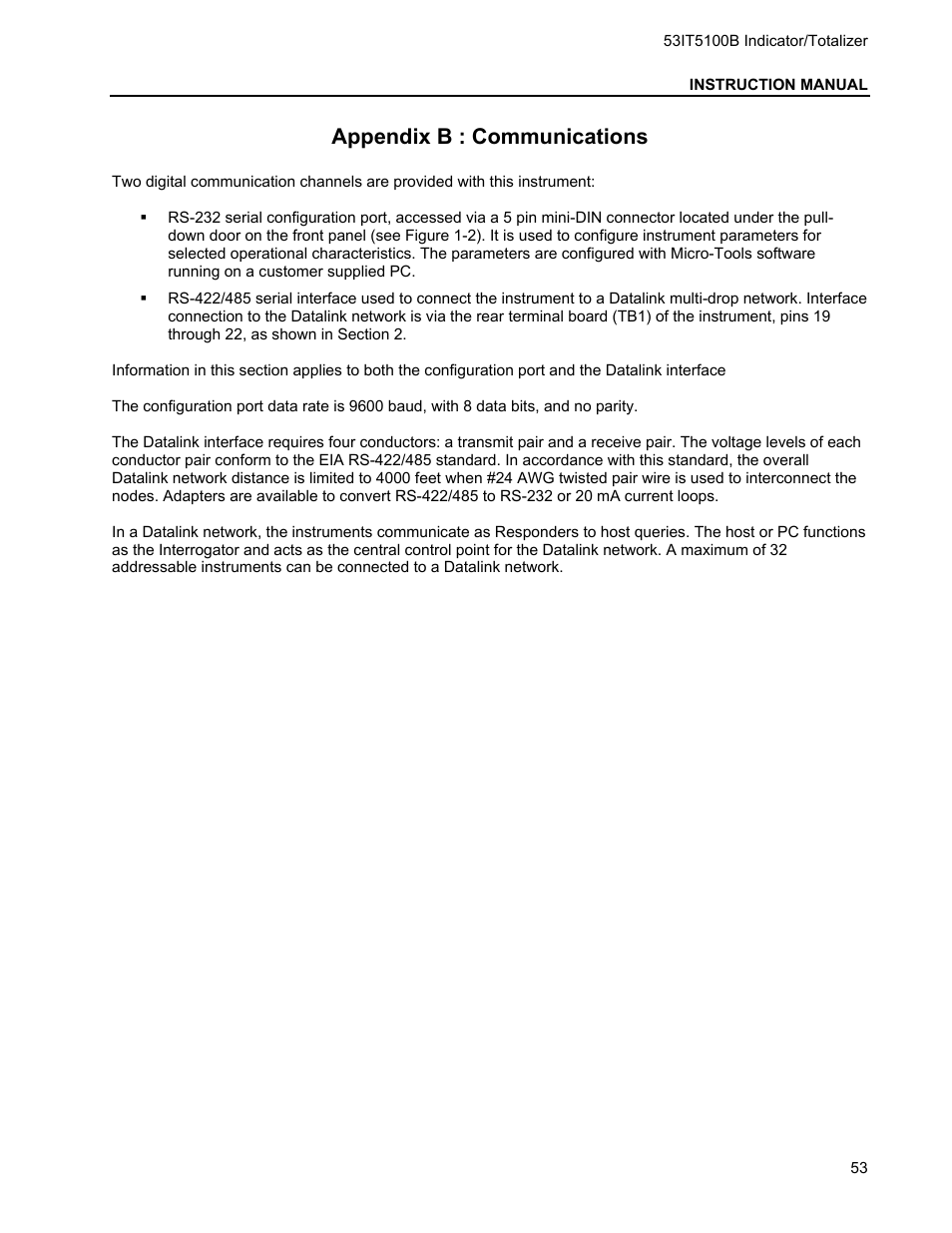 Appendix b : communications | Micromod Micro-DCI: 53IT5100B Micro-DCI 4-Channel Indicator Totalizer User Manual | Page 57 / 71