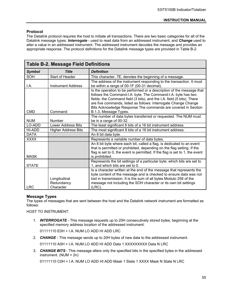 Table b-2. message field definitions | Micromod Micro-DCI: 53IT5100B Micro-DCI 4-Channel Indicator Totalizer User Manual | Page 59 / 71