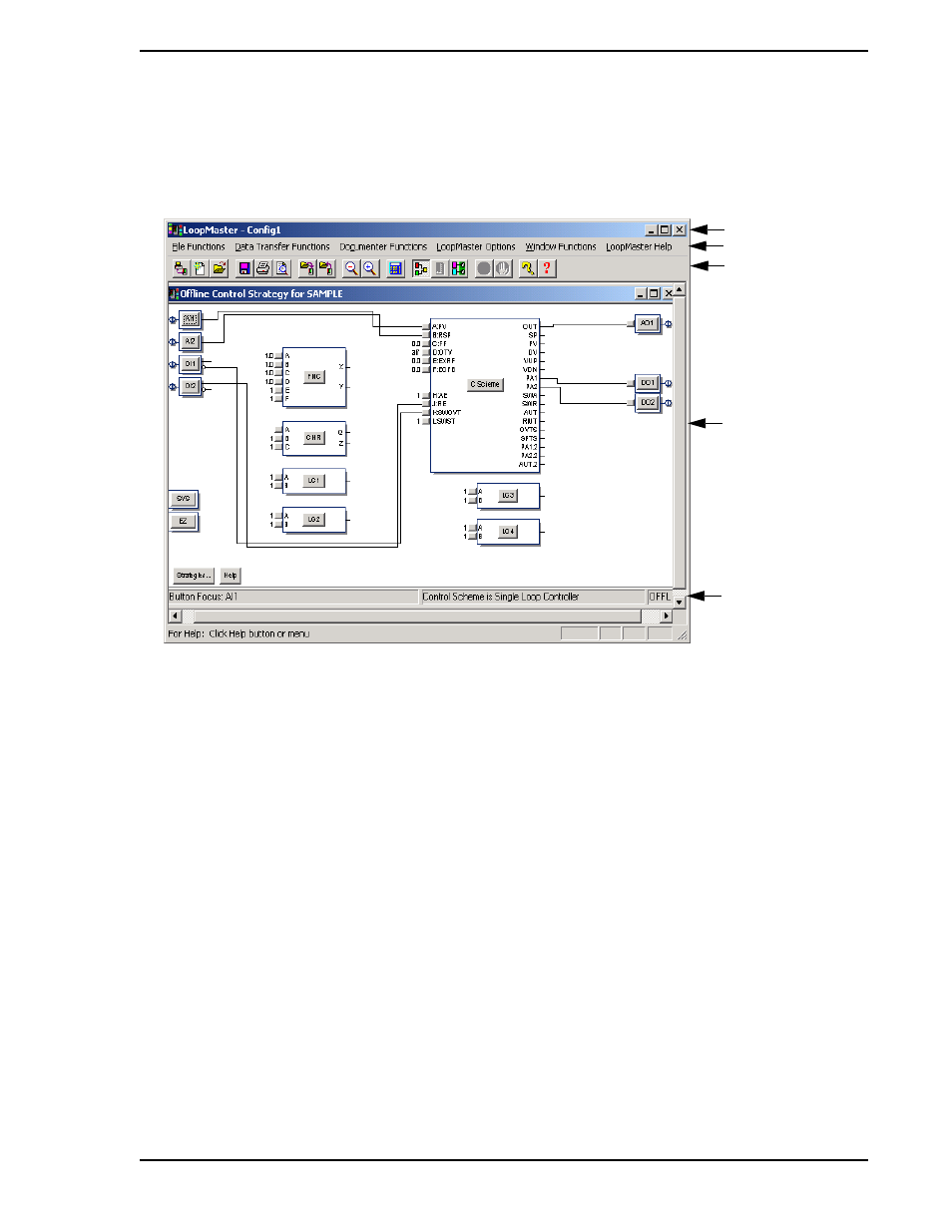 6 main loopmaster window, 7 control strategy window, Figure 3-3. main loopmaster window - example | Micromod Micro-DCI: 53HC2600 LoopMaster SL6000 CONFIGURATION TOOLKIT User Manual | Page 27 / 94
