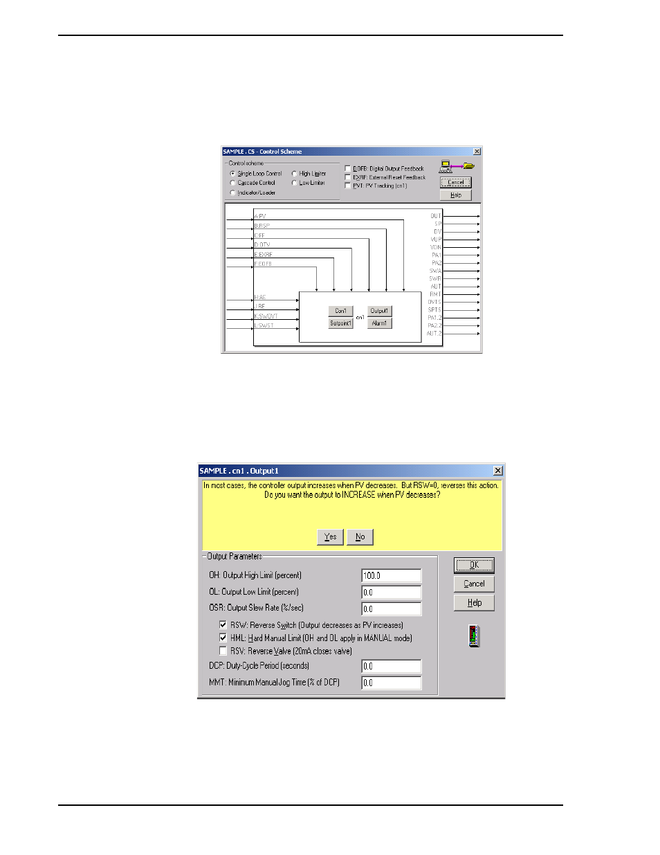 Figure 3-12. sample control scheme window, Figure 3-13. sample.cn1.output1 dialog window | Micromod Micro-DCI: 53HC2600 LoopMaster SL6000 CONFIGURATION TOOLKIT User Manual | Page 36 / 94