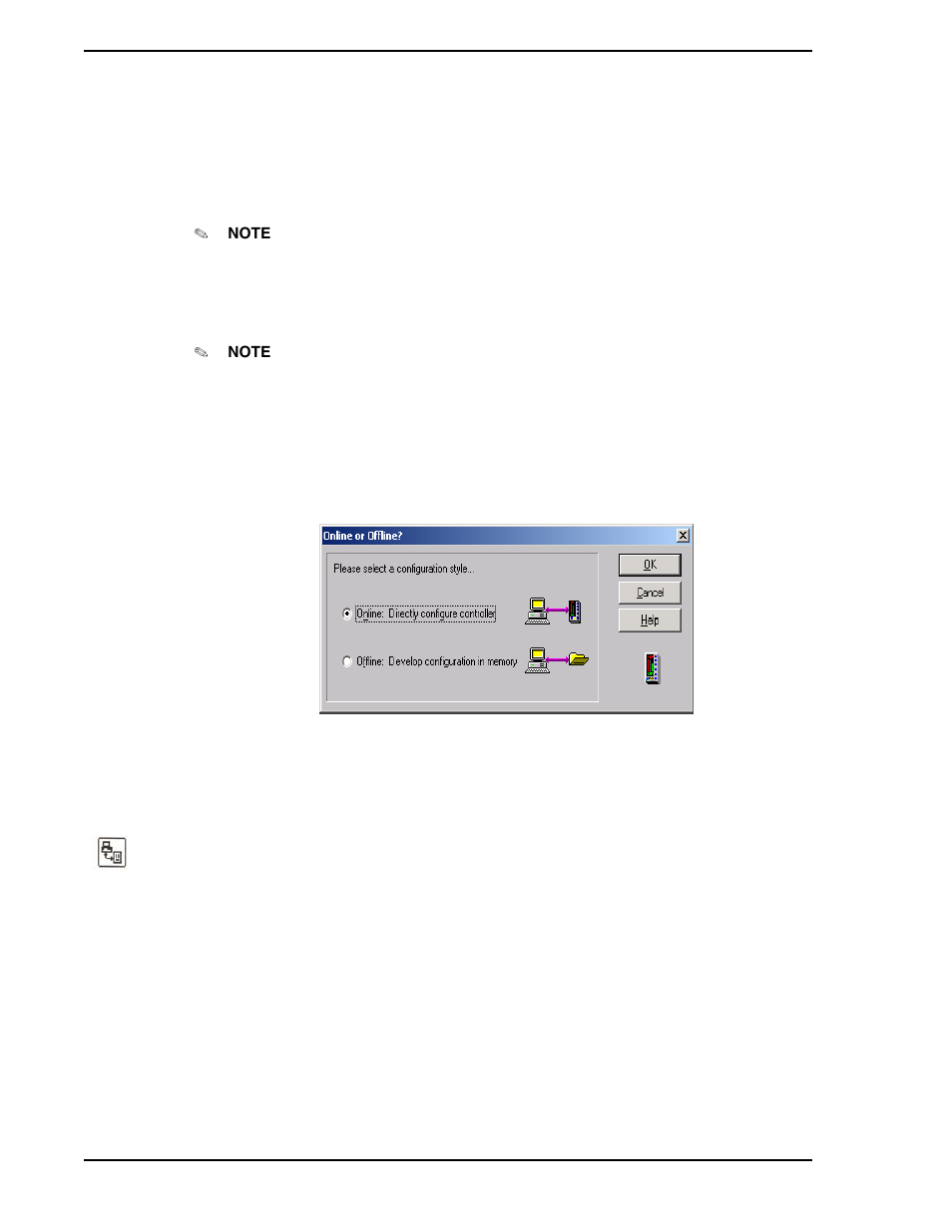 4 starting an online configuration, 1 online or offline, 2 select a controller | Figure 4-5. online or offline? dialog box | Micromod Micro-DCI: 53HC2600 LoopMaster SL6000 CONFIGURATION TOOLKIT User Manual | Page 44 / 94