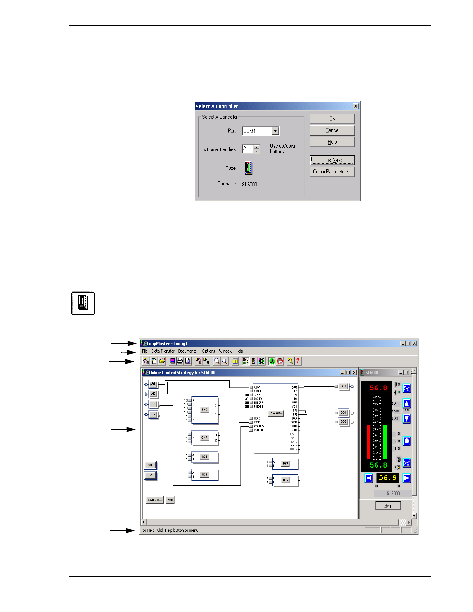3 main loopmaster window with front panel window, Figure 4-6. select a controller dialog box | Micromod Micro-DCI: 53HC2600 LoopMaster SL6000 CONFIGURATION TOOLKIT User Manual | Page 45 / 94