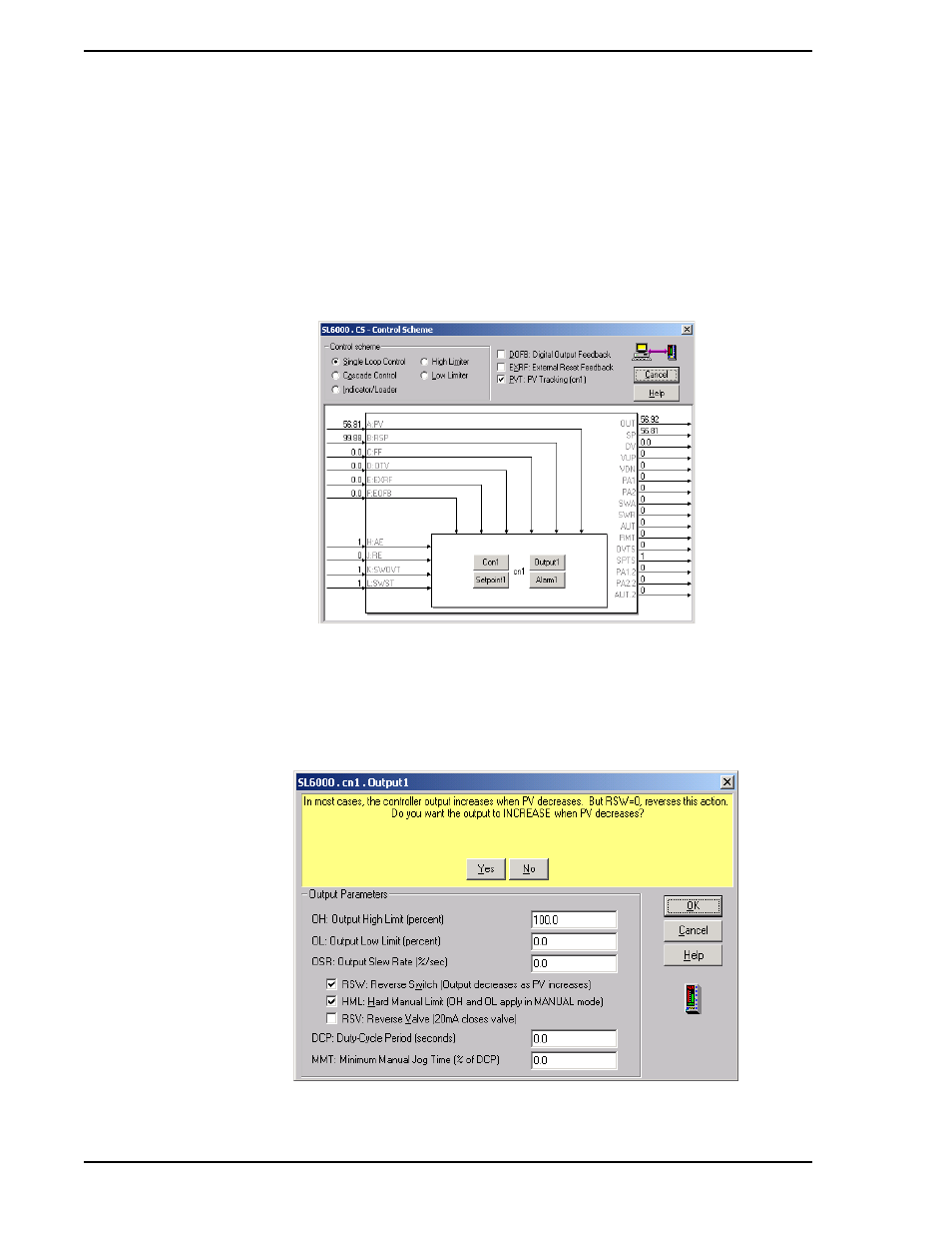 1 using the interactive training screens online, Figure 4-12. control scheme dialog window, Figure 4-13. sl6000.cn1.output1 dialog window | Micromod Micro-DCI: 53HC2600 LoopMaster SL6000 CONFIGURATION TOOLKIT User Manual | Page 50 / 94