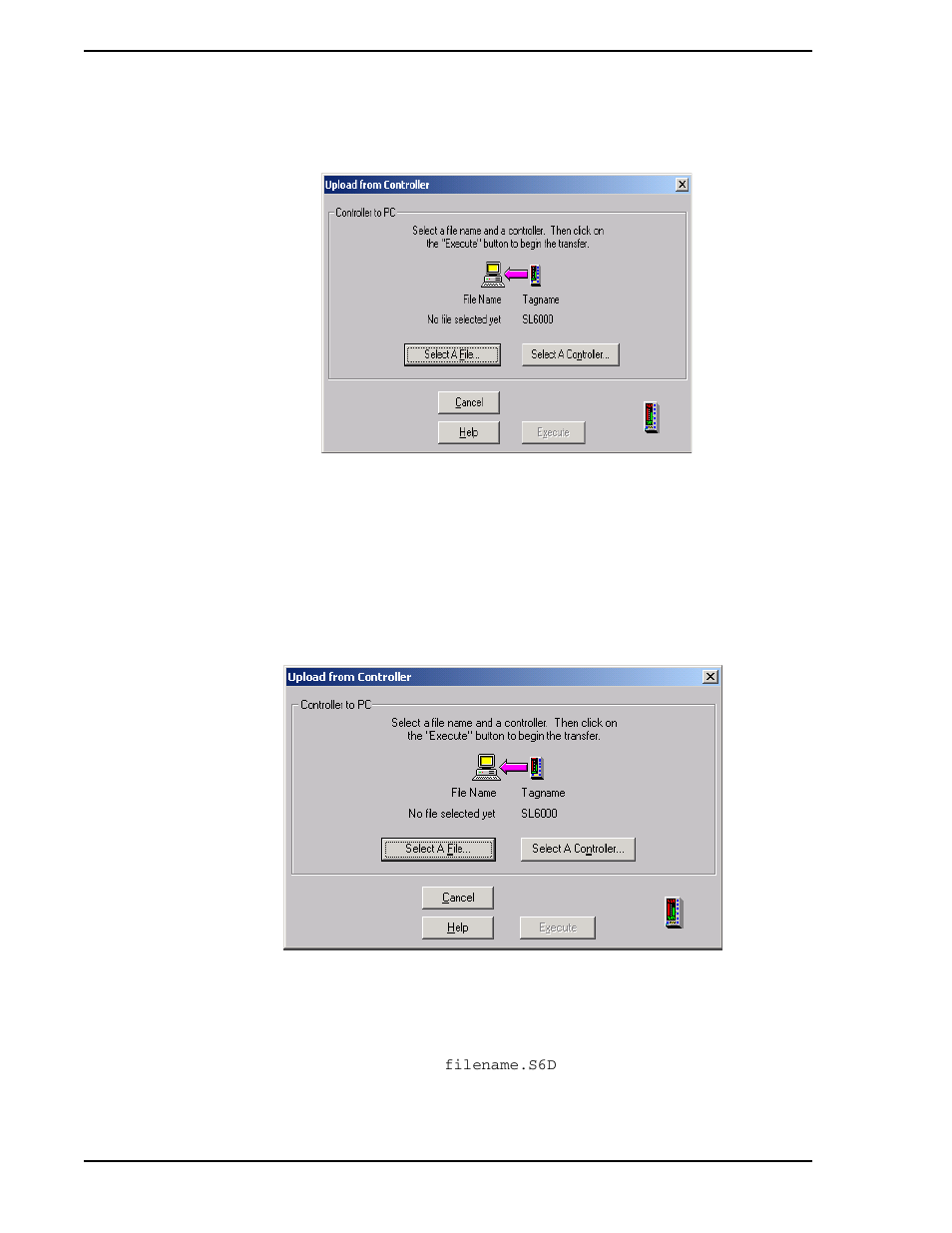 6 downloading a file to a controller, Figure 4-14. upload dialog window, Figure 4-15. upload from controller window | Micromod Micro-DCI: 53HC2600 LoopMaster SL6000 CONFIGURATION TOOLKIT User Manual | Page 52 / 94