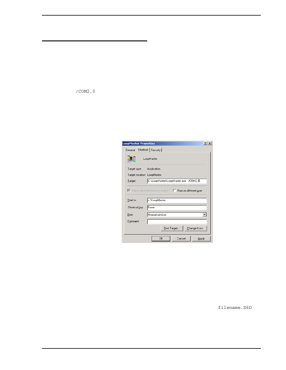 0 advanced topics, 1 how to start an online configuration directly, 2 how to start an offline configuration directly | 0 - advanced topics, Figure 6-1. loopmaster properties dialog box | Micromod Micro-DCI: 53HC2600 LoopMaster SL6000 CONFIGURATION TOOLKIT User Manual | Page 57 / 94