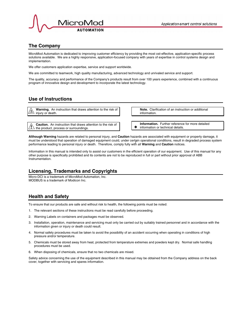 The company, Use of instructions, Licensing, trademarks and copyrights | Health and safety | Micromod Micro-DCI: 53MC5000 Training Manual User Manual | Page 2 / 180