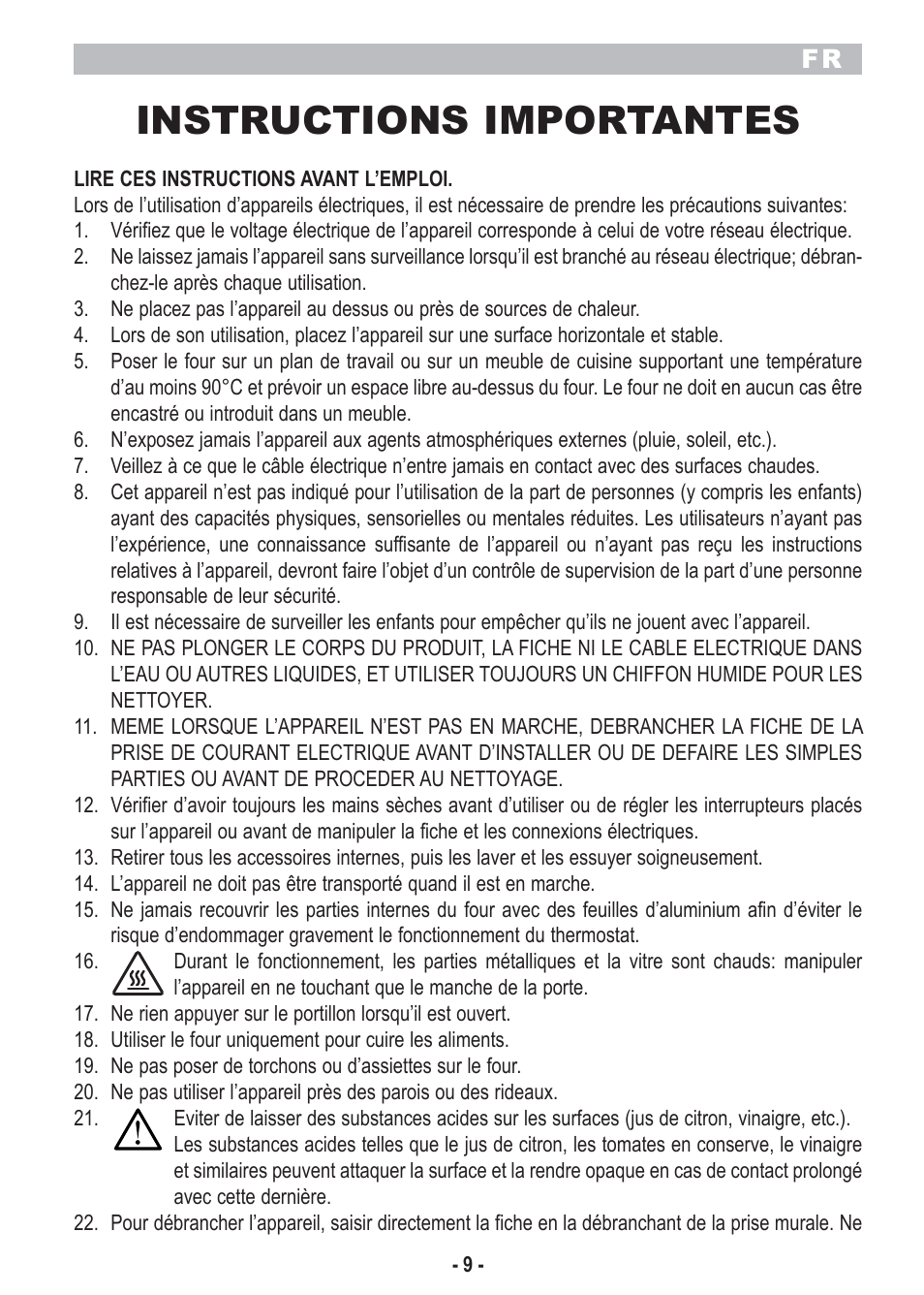 Instructions importantes | ARIETE Bon Cuisine 250 Stainless Steel Oven User Manual | Page 11 / 46