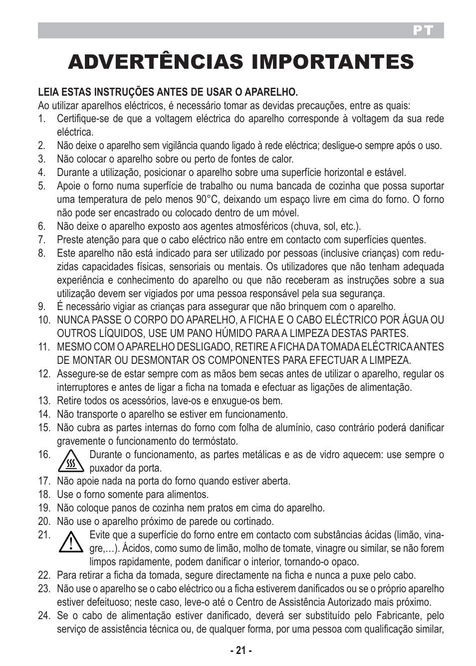 Advertências importantes | ARIETE Bon Cuisine 250 Stainless Steel Oven User Manual | Page 23 / 46