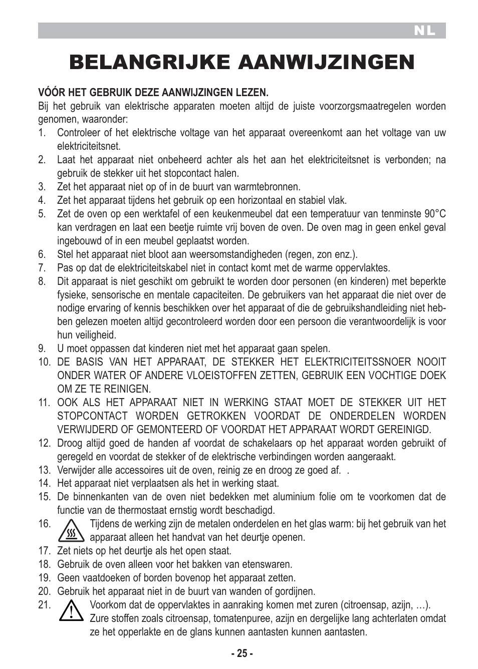 Belangrijke aanwijzingen | ARIETE Bon Cuisine 250 Stainless Steel Oven User Manual | Page 27 / 46