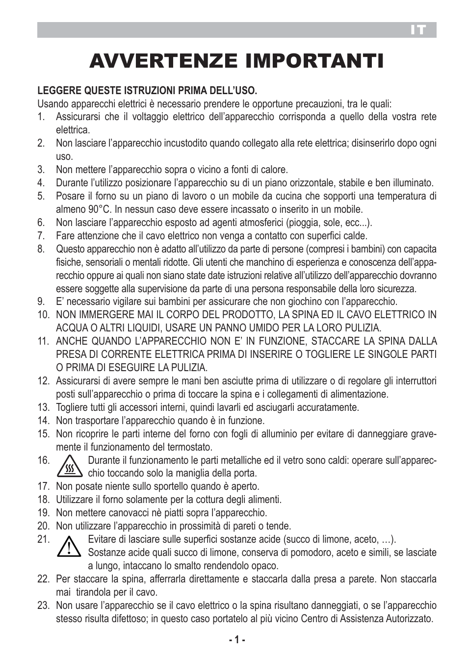 Avvertenze importanti | ARIETE Bon Cuisine 250 Stainless Steel Oven User Manual | Page 3 / 46