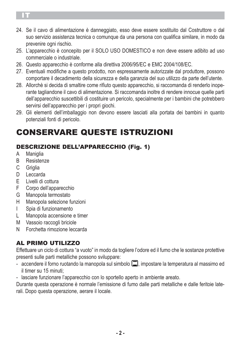 Conservare queste istruzioni | ARIETE Bon Cuisine 250 Stainless Steel Oven User Manual | Page 4 / 46