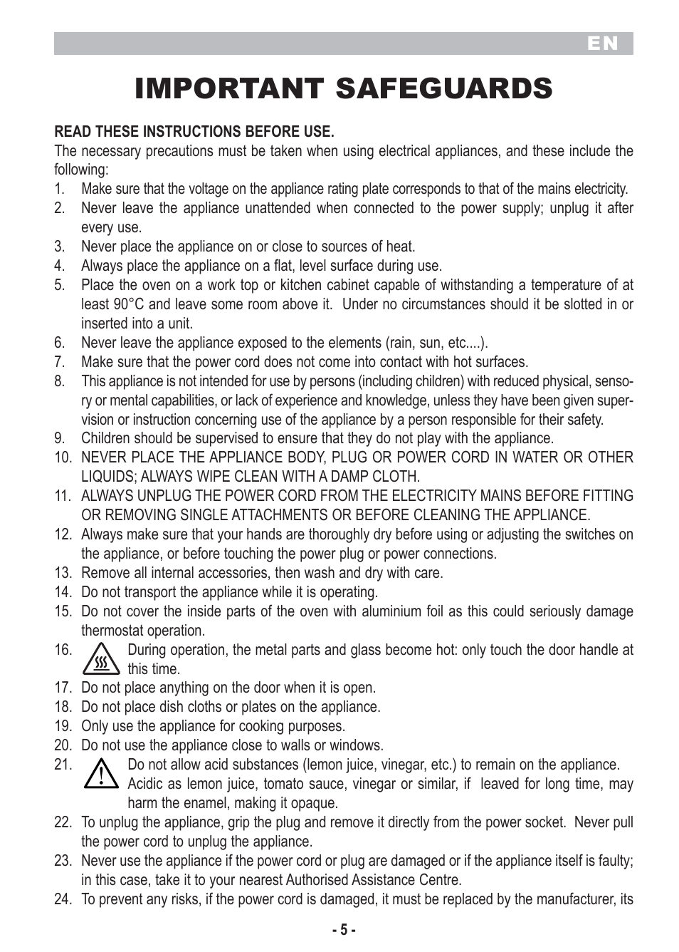 Important safeguards | ARIETE Bon Cuisine 250 Stainless Steel Oven User Manual | Page 7 / 46