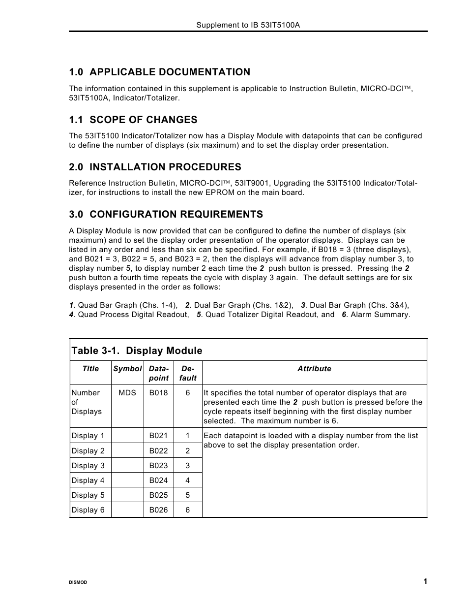 0 applicable documentation, 1 scope of changes, 0 installation procedures | 0 configuration requirements, Table 3-1. display module | Micromod Micro-DCI: 53IT5100A Indicator/Totalizer Rev. 1 Firmware User Manual | Page 3 / 4