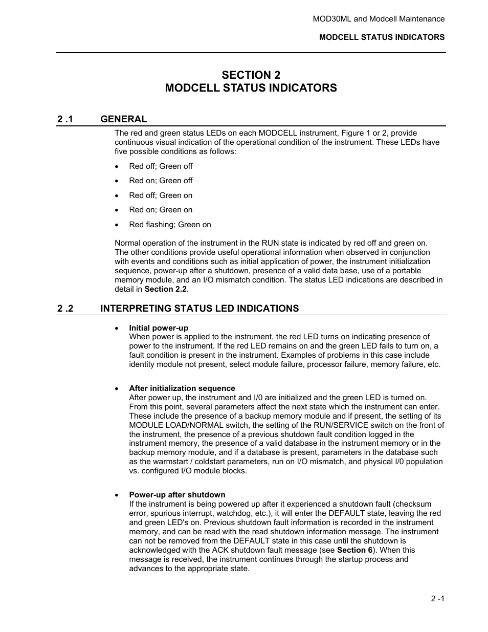 Section 2 modcell status indicators, 2 .1 general, 2 .2 interpreting status led indications | Micromod MOD: 30ML and Modcell Maintenance for 2001N, 2002N, and 1800R User Manual | Page 11 / 152