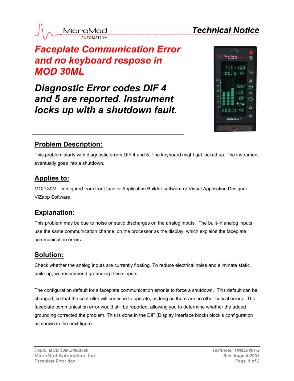 Faceplate communication error, Problem description, Applies to | Explanation, Solution | Micromod MOD: 30ML and Modcell Maintenance for 2001N, 2002N, and 1800R User Manual | Page 139 / 152