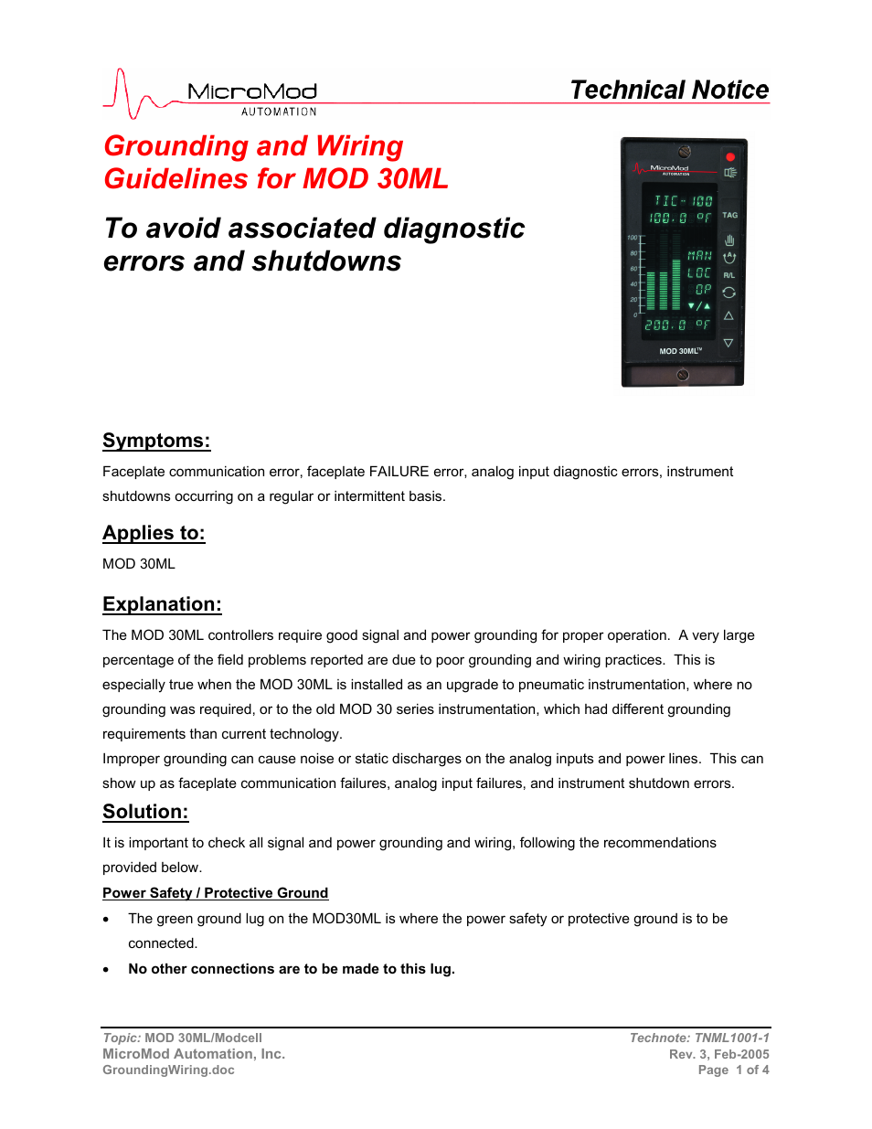 Grounding and wiring guidelines for mod 30ml, Symptoms, Applies to | Explanation, Solution | Micromod MOD: 30ML and Modcell Maintenance for 2001N, 2002N, and 1800R User Manual | Page 141 / 152