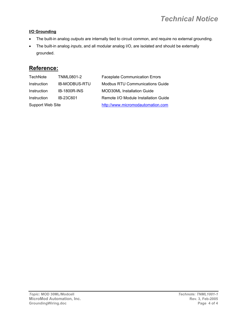 Technical notice, Reference | Micromod MOD: 30ML and Modcell Maintenance for 2001N, 2002N, and 1800R User Manual | Page 144 / 152