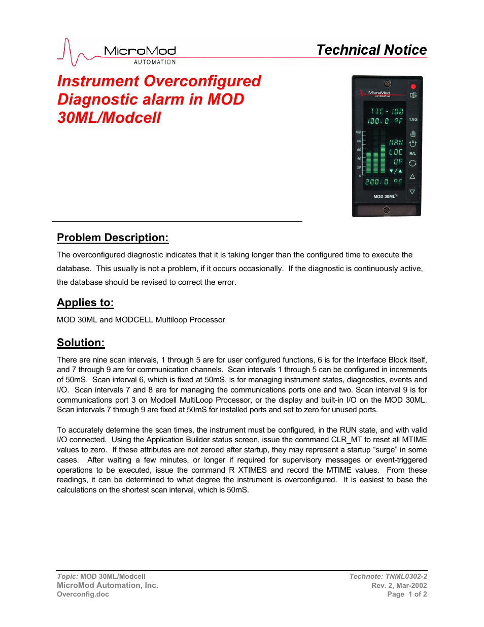 Instrument overconfigured, Problem description, Applies to | Solution | Micromod MOD: 30ML and Modcell Maintenance for 2001N, 2002N, and 1800R User Manual | Page 145 / 152