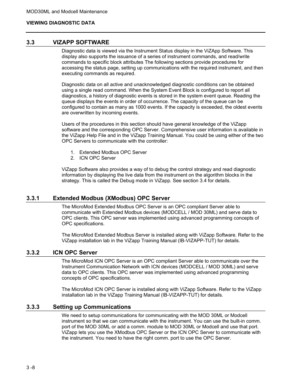 3 vizapp software, 1 extended modbus (xmodbus) opc server, 2 icn opc server | 3 setting up communications | Micromod MOD: 30ML and Modcell Maintenance for 2001N, 2002N, and 1800R User Manual | Page 24 / 152