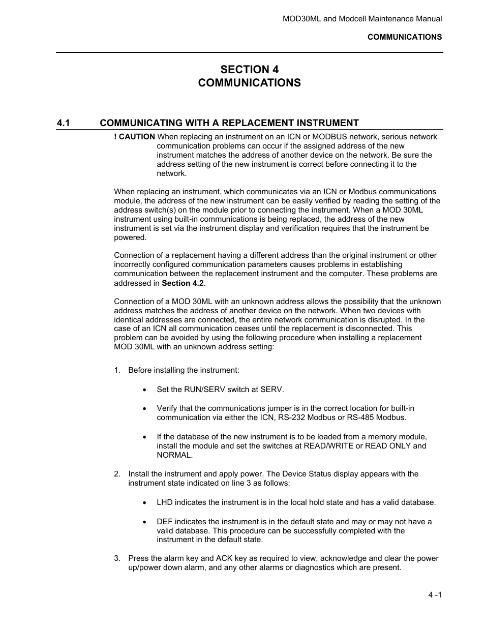 Section 4 communications, 1 communicating with a replacement instrument | Micromod MOD: 30ML and Modcell Maintenance for 2001N, 2002N, and 1800R User Manual | Page 50 / 152