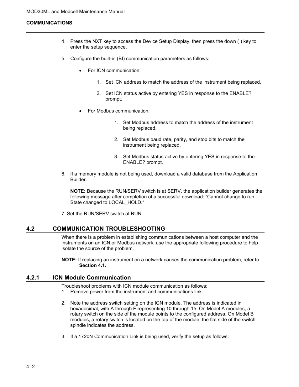 2 communication troubleshooting, 1 icn module communication | Micromod MOD: 30ML and Modcell Maintenance for 2001N, 2002N, and 1800R User Manual | Page 51 / 152