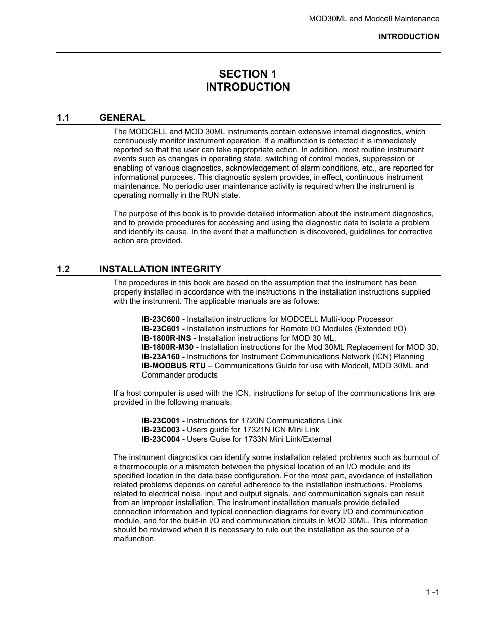 Section 1 introduction, 1 general, 2 installation integrity | Micromod MOD: 30ML and Modcell Maintenance for 2001N, 2002N, and 1800R User Manual | Page 7 / 152
