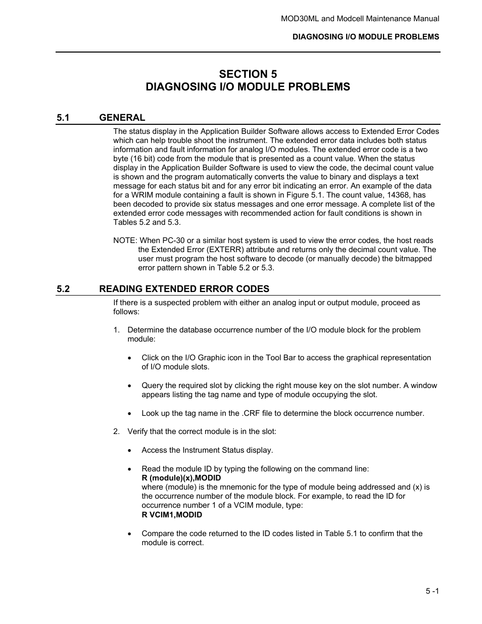 Section 5 diagnosing i/o module problems, 1 general, 2 reading extended error codes | Micromod MOD: 30ML and Modcell Maintenance for 2001N, 2002N, and 1800R User Manual | Page 74 / 152