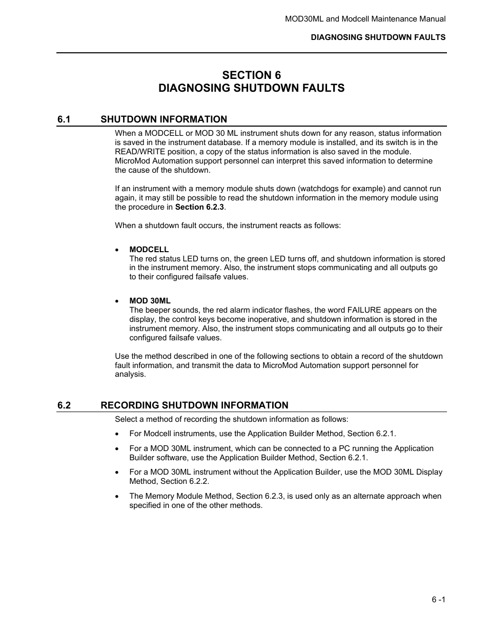 Section 6 diagnosing shutdown faults, 1 shutdown information, 2 recording shutdown information | Micromod MOD: 30ML and Modcell Maintenance for 2001N, 2002N, and 1800R User Manual | Page 80 / 152