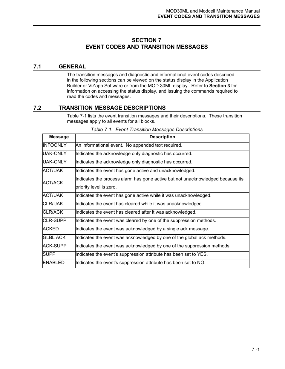 Section 7 event codes and transition messages, General, Transition message descriptions | Micromod MOD: 30ML and Modcell Maintenance for 2001N, 2002N, and 1800R User Manual | Page 88 / 152