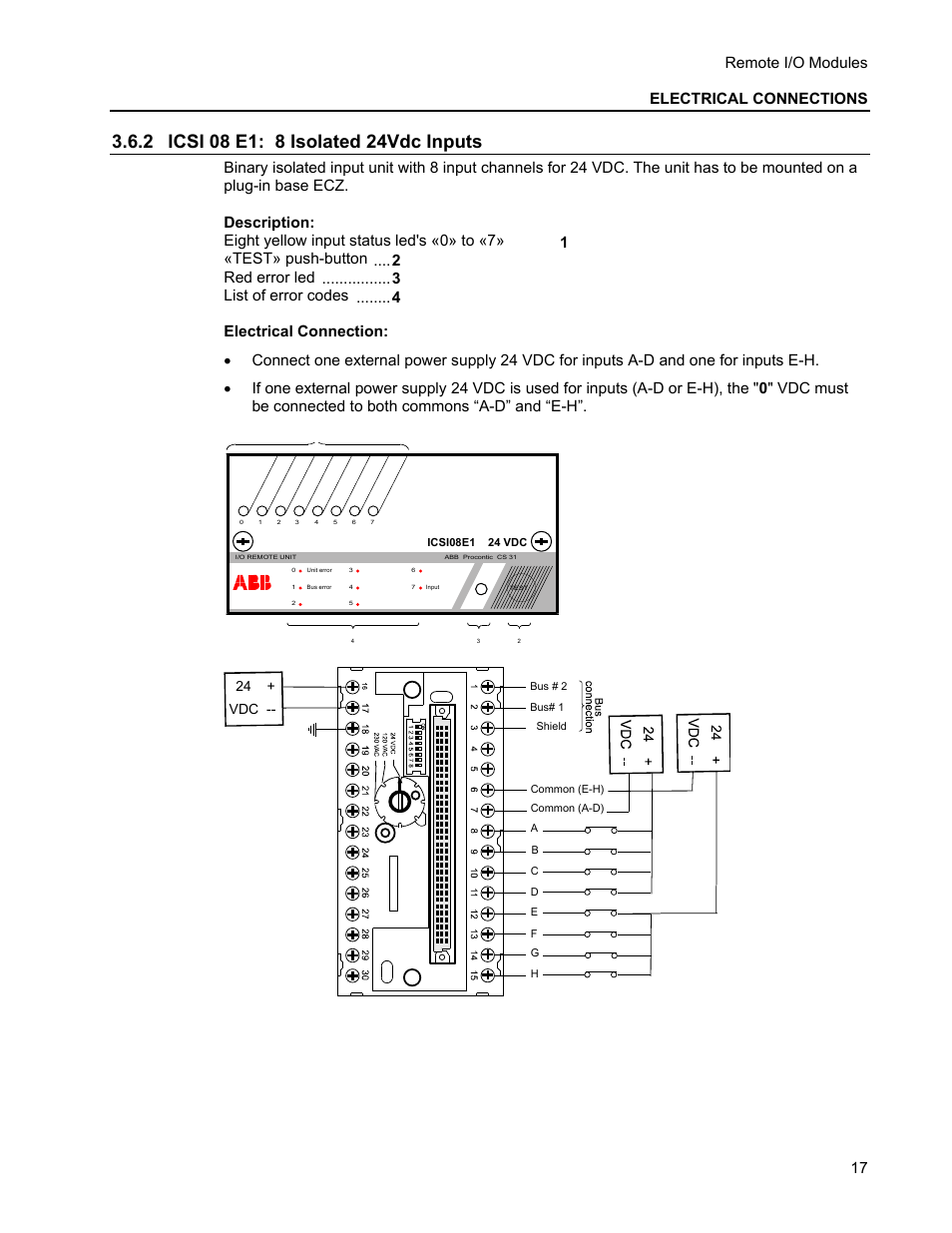 2 icsi 08 e1: 8 isolated 24vdc inputs, Remote i/o modules electrical connections, 24 + vdc | Micromod MOD: Remote I/O Modules for use with 2020N Remote I/O Interface Module User Manual | Page 21 / 42