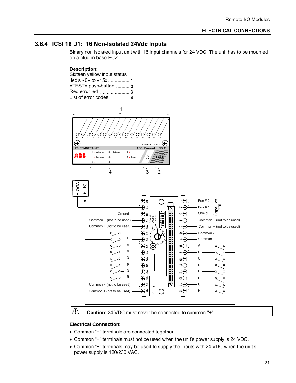 4 icsi 16 d1: 16 non-isolated 24vdc inputs, Remote i/o modules electrical connections | Micromod MOD: Remote I/O Modules for use with 2020N Remote I/O Interface Module User Manual | Page 25 / 42
