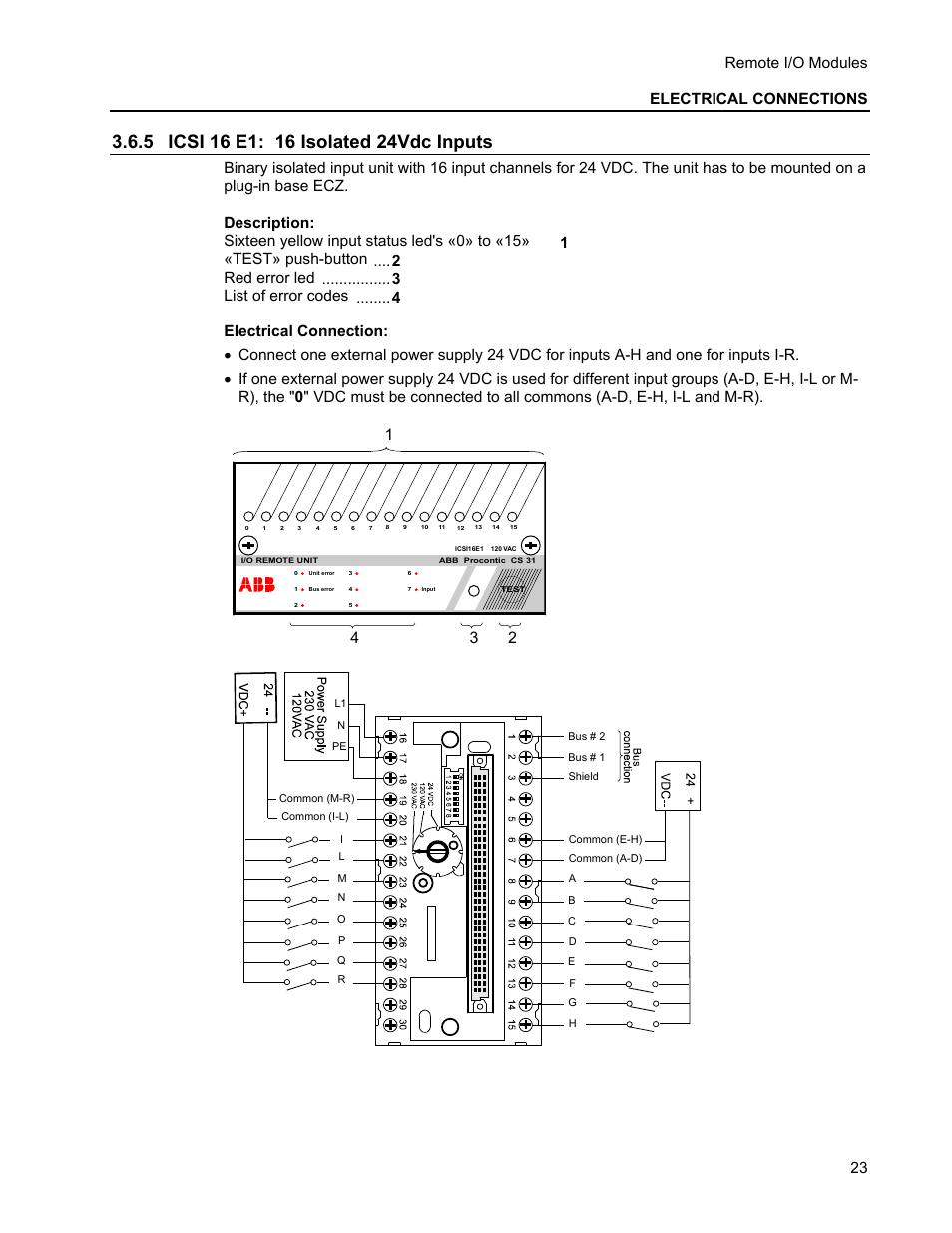 5 icsi 16 e1: 16 isolated 24vdc inputs, Remote i/o modules electrical connections | Micromod MOD: Remote I/O Modules for use with 2020N Remote I/O Interface Module User Manual | Page 27 / 42