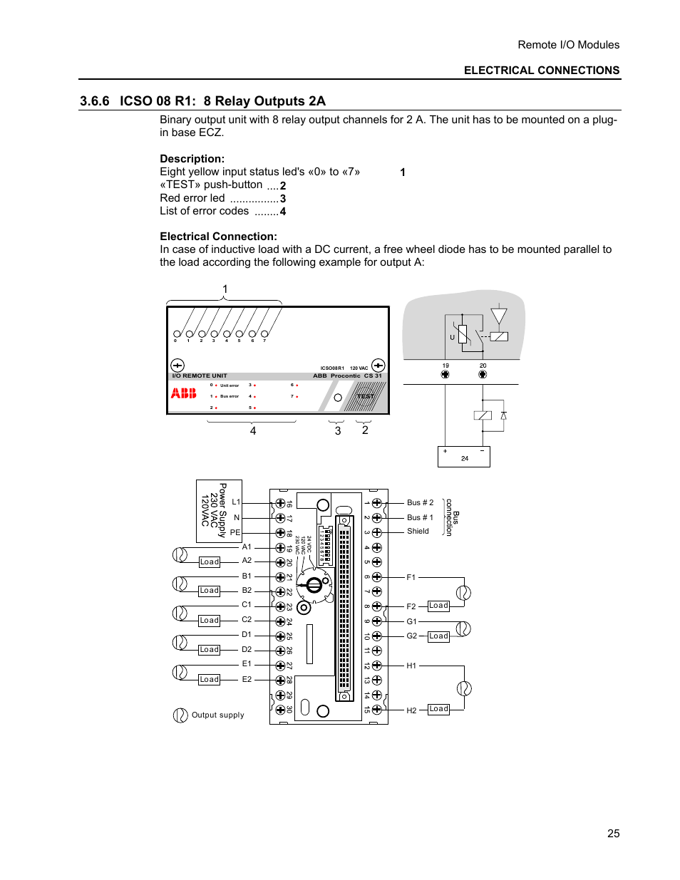 6 icso 08 r1: 8 relay outputs 2a, Remote i/o modules electrical connections | Micromod MOD: Remote I/O Modules for use with 2020N Remote I/O Interface Module User Manual | Page 29 / 42