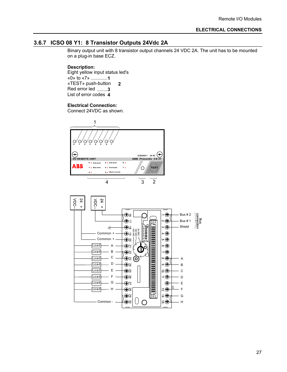 7 icso 08 y1: 8 transistor outputs 24vdc 2a, Remote i/o modules electrical connections | Micromod MOD: Remote I/O Modules for use with 2020N Remote I/O Interface Module User Manual | Page 31 / 42