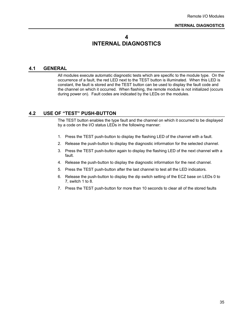 Internal diagnostics, 1 general, 2 use of “test” push-button | 4internal diagnostics | Micromod MOD: Remote I/O Modules for use with 2020N Remote I/O Interface Module User Manual | Page 39 / 42