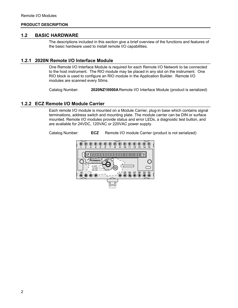 2 basic hardware, 1 2020n remote i/o interface module, 2 ecz remote i/o module carrier | Micromod MOD: Remote I/O Modules for use with 2020N Remote I/O Interface Module User Manual | Page 6 / 42