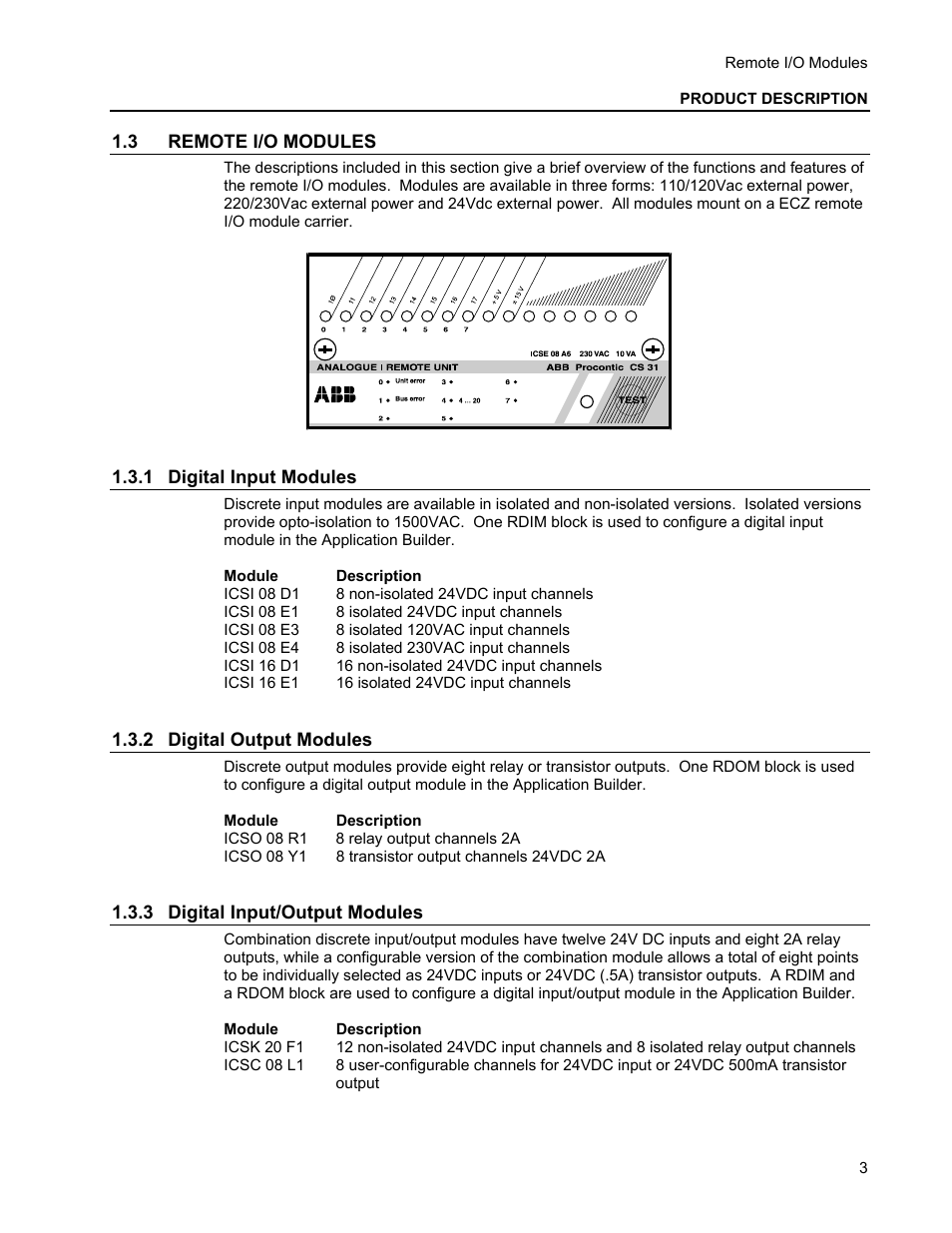 3 remote i/o modules, 1 digital input modules, 2 digital output modules | 3 digital input/output modules | Micromod MOD: Remote I/O Modules for use with 2020N Remote I/O Interface Module User Manual | Page 7 / 42