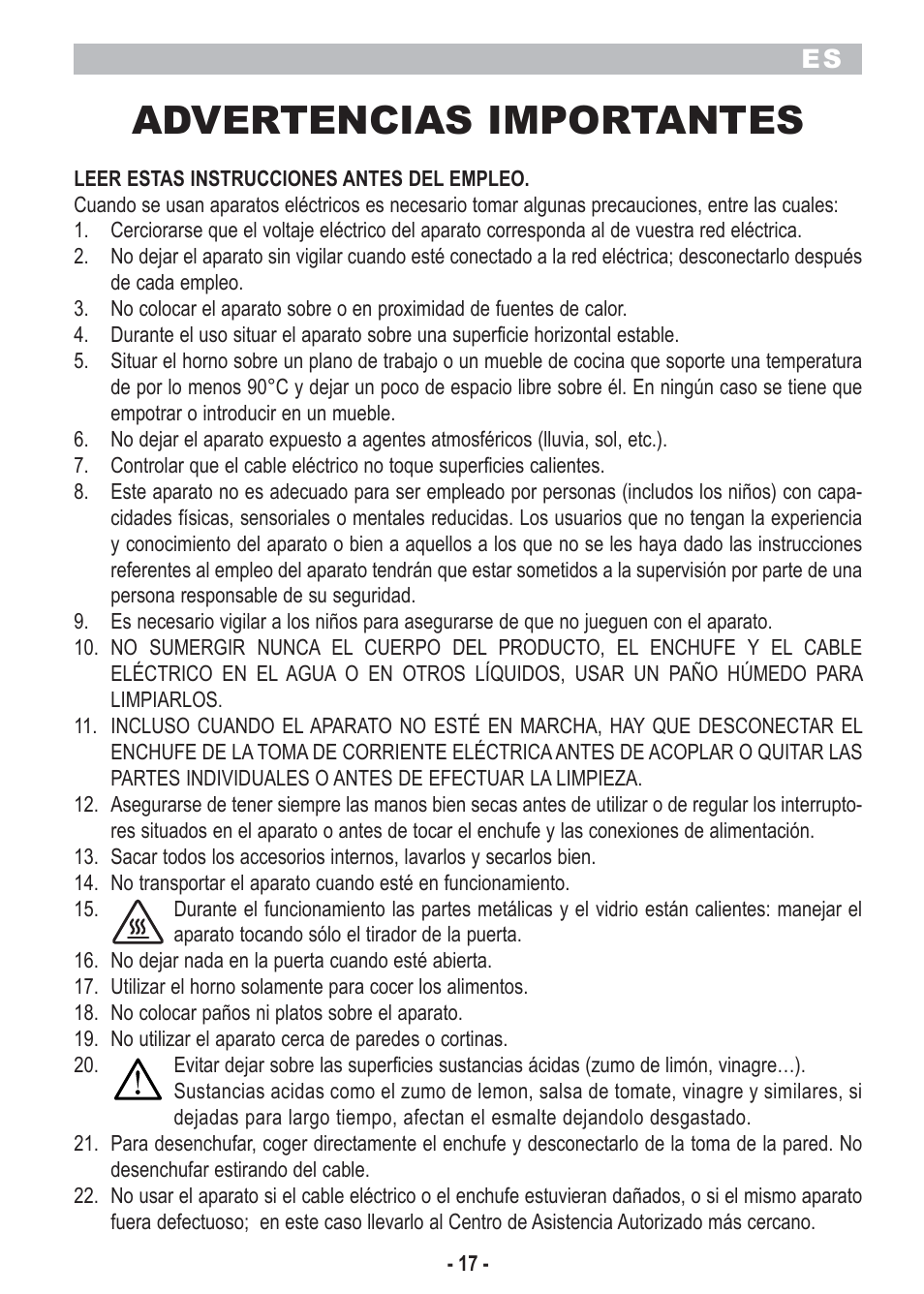 Advertencias importantes | ARIETE Bon Cusine Petit User Manual | Page 19 / 44