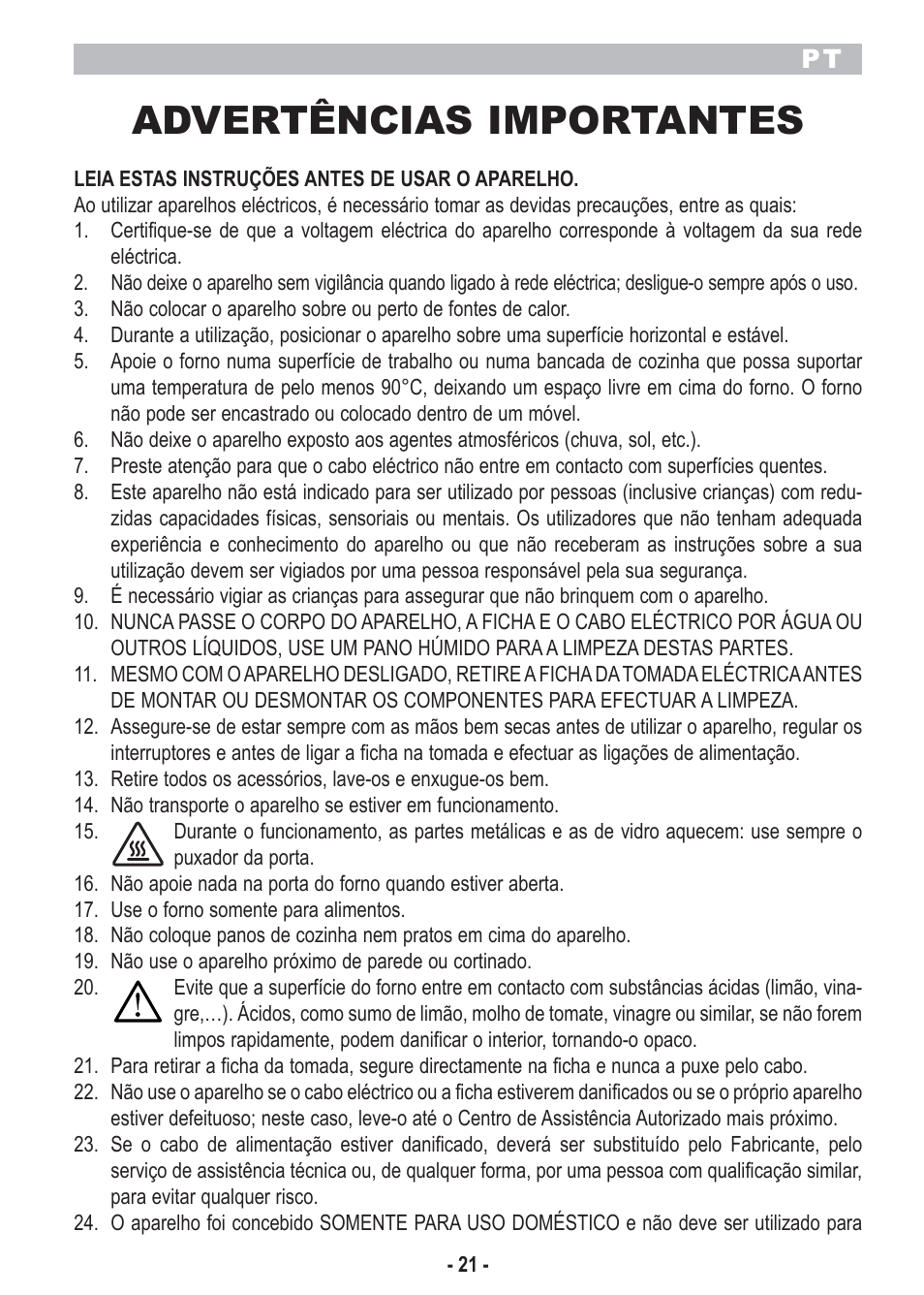 Advertências importantes | ARIETE Bon Cusine Petit User Manual | Page 23 / 44