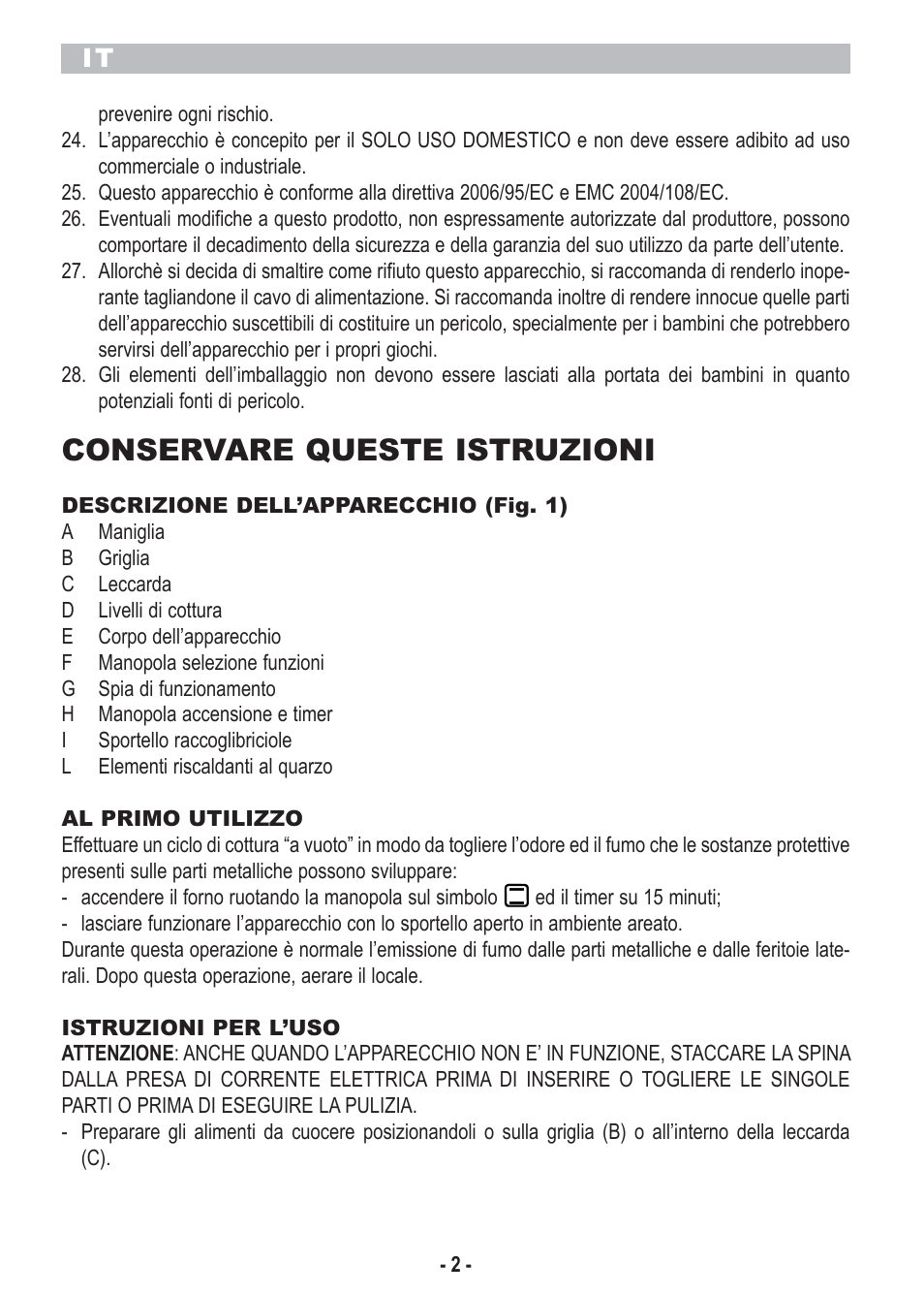 Conservare queste istruzioni | ARIETE Bon Cusine Petit User Manual | Page 4 / 44