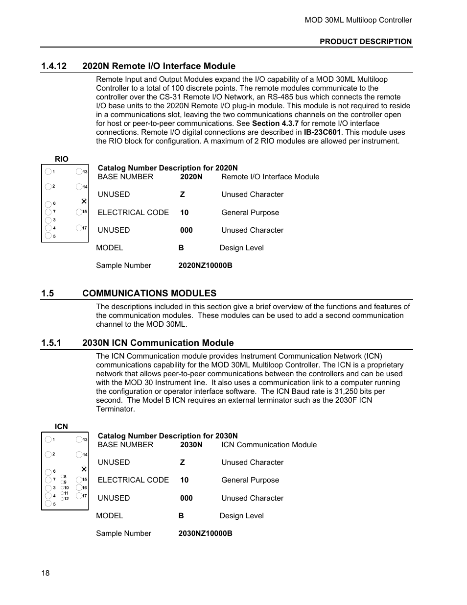 12 2020n remote i/o interface module, 5 communications modules, 1 2030n icn communication module | Micromod MOD: 30ML Installation User Manual | Page 24 / 106