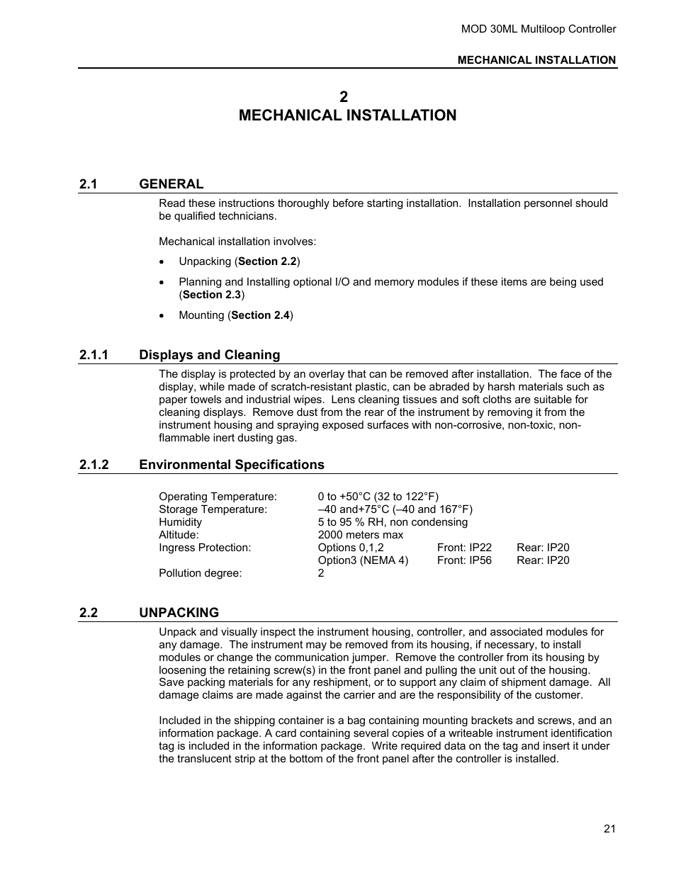 2 mechanical installation, 1 general, 1 displays and cleaning | 2 environmental specifications, 2 unpacking, 2mechanical installation | Micromod MOD: 30ML Installation User Manual | Page 27 / 106