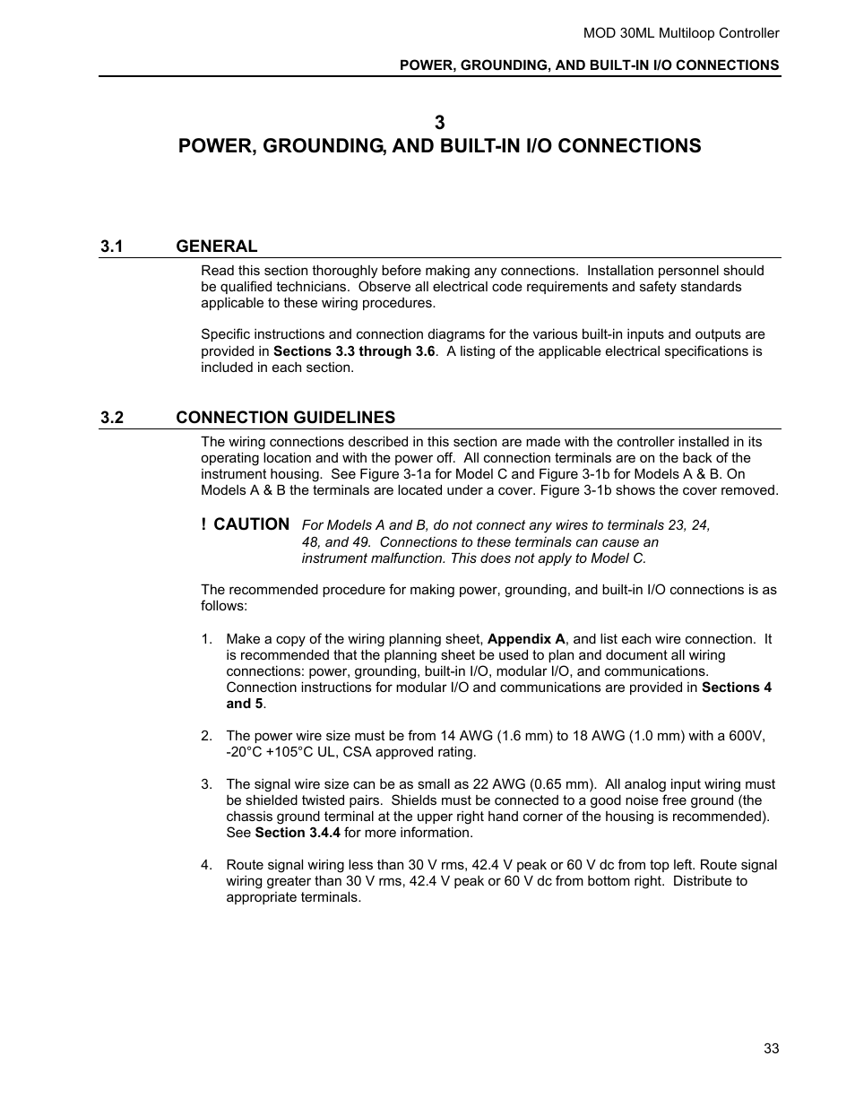 3 power, grounding, and built-in i/o connections, 1 general, 2 connection guidelines | 3power, grounding, and built-in i/o connections | Micromod MOD: 30ML Installation User Manual | Page 39 / 106