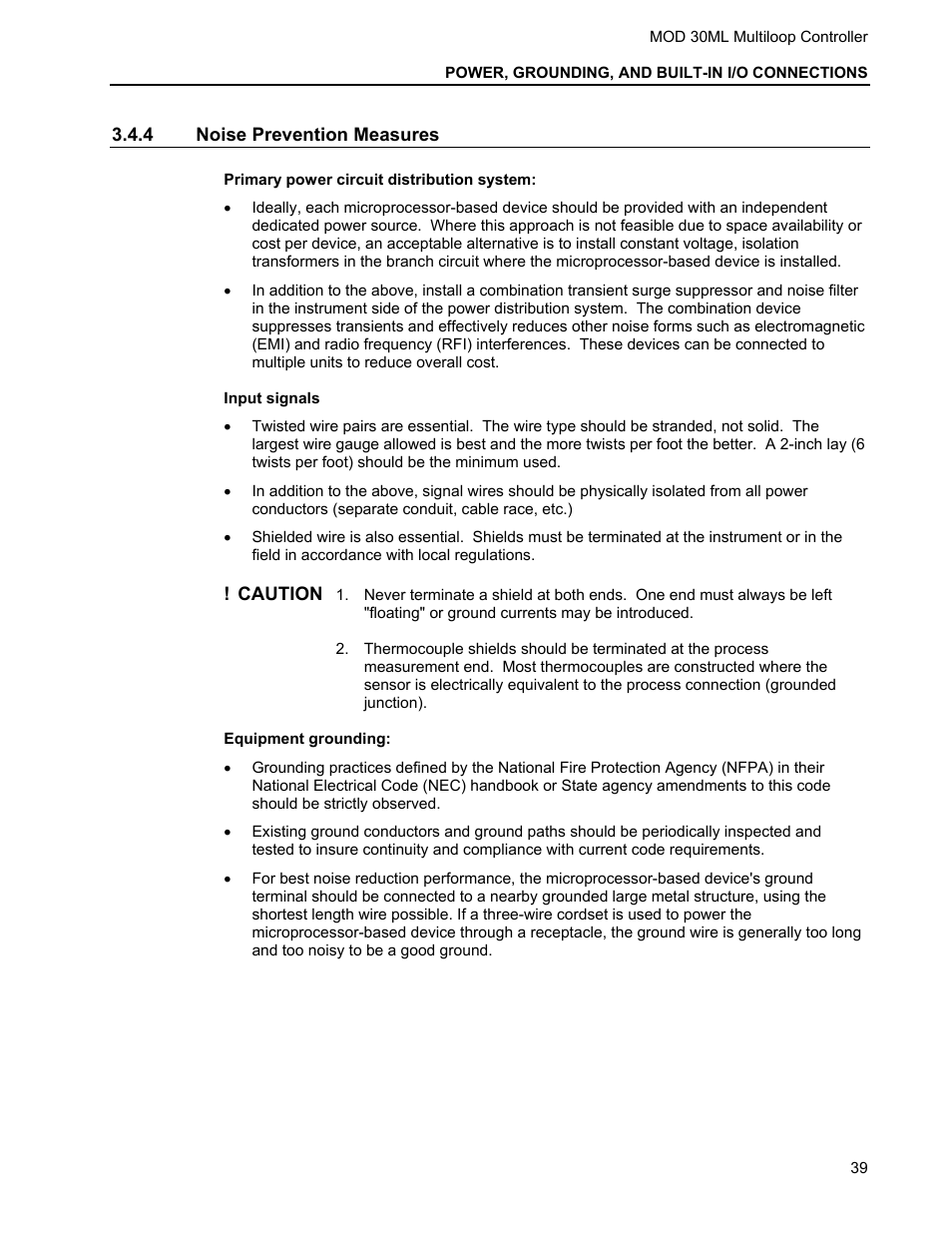 4 noise prevention measures, Primary power circuit distribution system, Input signals | Equipment grounding | Micromod MOD: 30ML Installation User Manual | Page 45 / 106