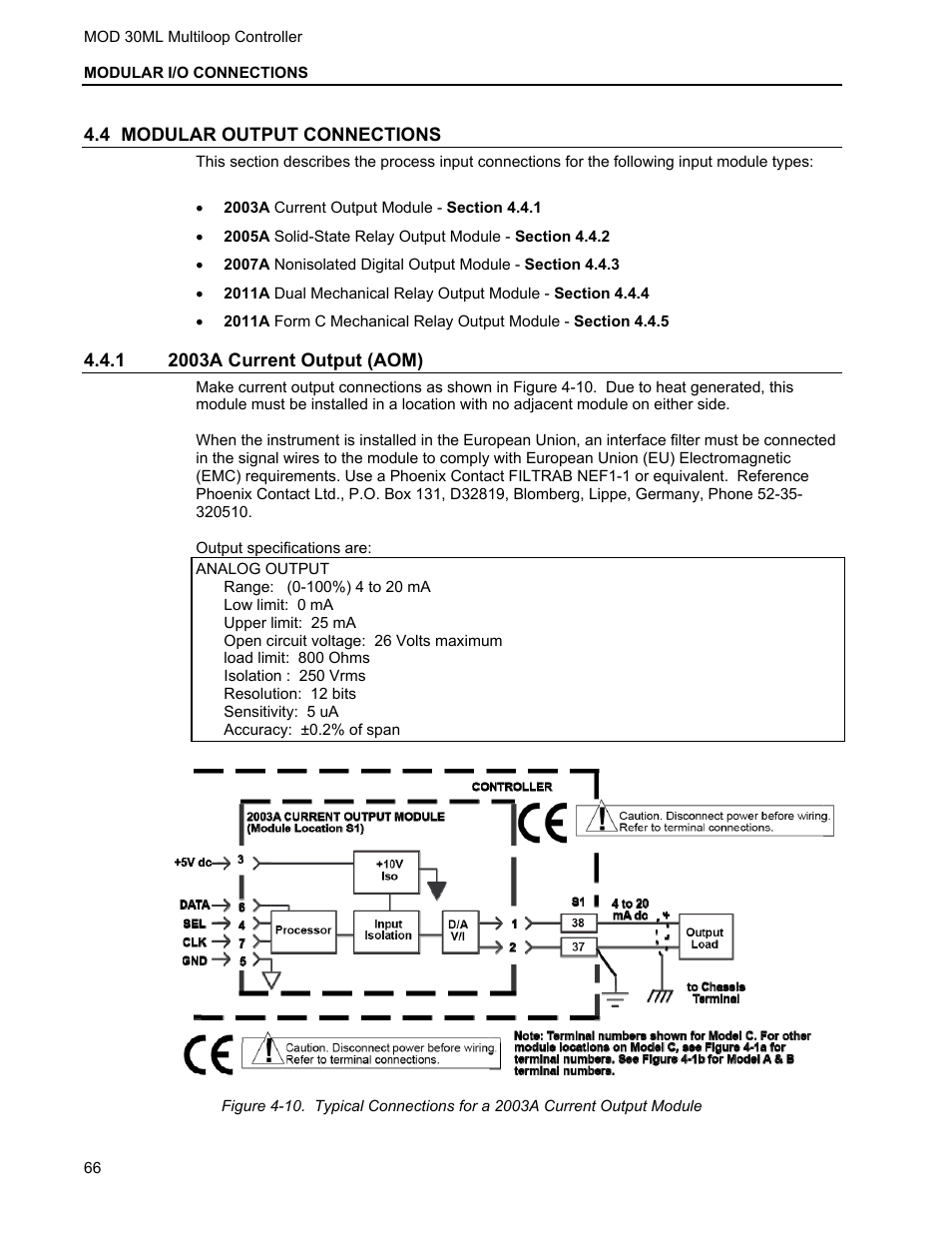4 modular output connections, 1 2003a current output (aom) | Micromod MOD: 30ML Installation User Manual | Page 72 / 106