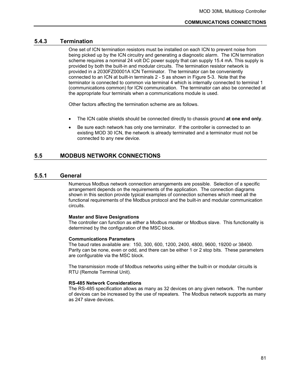 3 termination, 5 modbus network connections, 1 general | Master and slave designations, Communications parameters, Rs-485 network considerations | Micromod MOD: 30ML Installation User Manual | Page 87 / 106