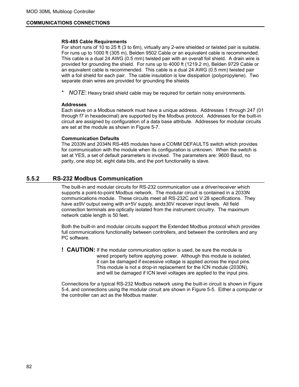 Rs-485 cable requirements, Addresses, Communication defaults | 2 rs-232 modbus communication | Micromod MOD: 30ML Installation User Manual | Page 88 / 106