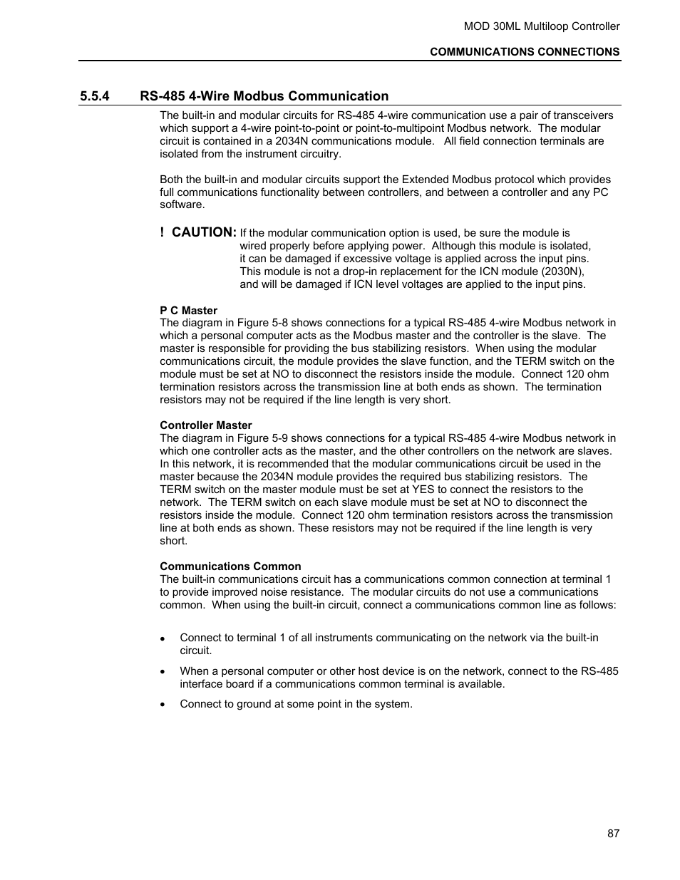 4 rs-485 4-wire modbus communication, P c master, Controller master | Communications common | Micromod MOD: 30ML Installation User Manual | Page 93 / 106