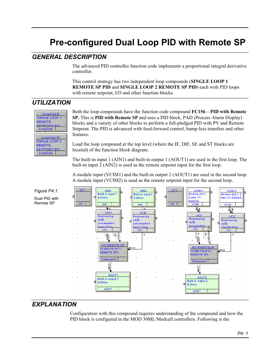 P4 dual pid rsp, General description, Utilization | Explanation, Pre-configured dual loop pid with remote sp | Micromod RetroPAK: SLC Configuration Manual User Manual | Page 147 / 394